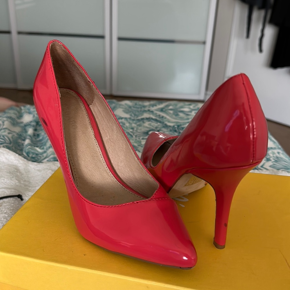 Coral pointed toe heels